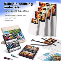 koseibal Acrylic Art Set with 18 Paints 8 Brushes, 4 Stretched Canvas, 1Wooden