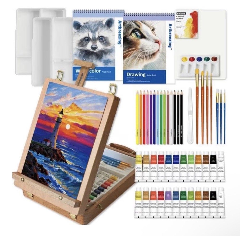 55-Piece Mixed Media Art Set with Sketch Box Easel & Painting Accessories | New