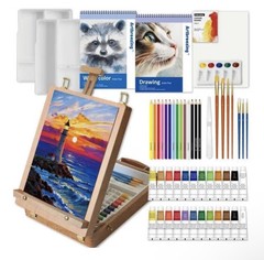 55-Piece Mixed Media Art Set with Sketch Box Easel & Painting Accessories | New