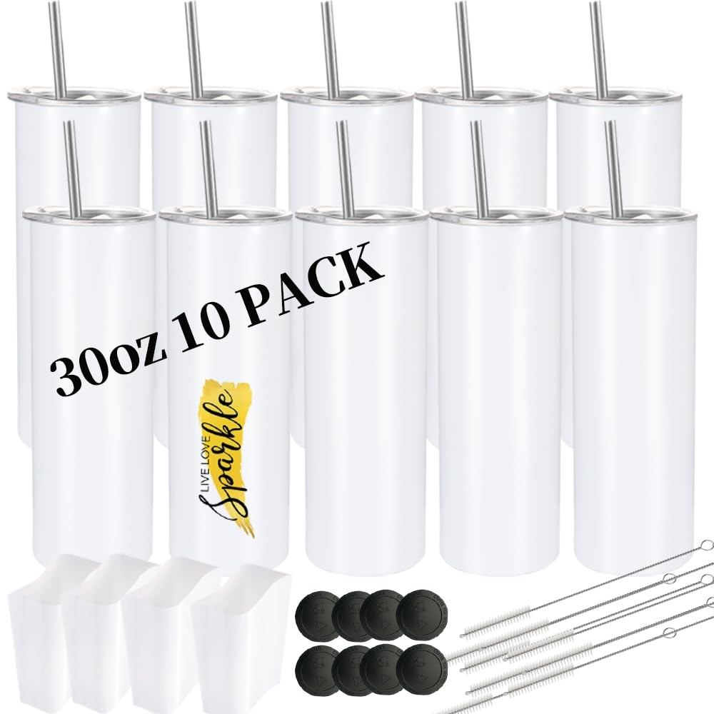 YOUKE OLA 10 Pack Sublimation Tumblers Bulk 30oz Blanks Straight Skinny Tumb…