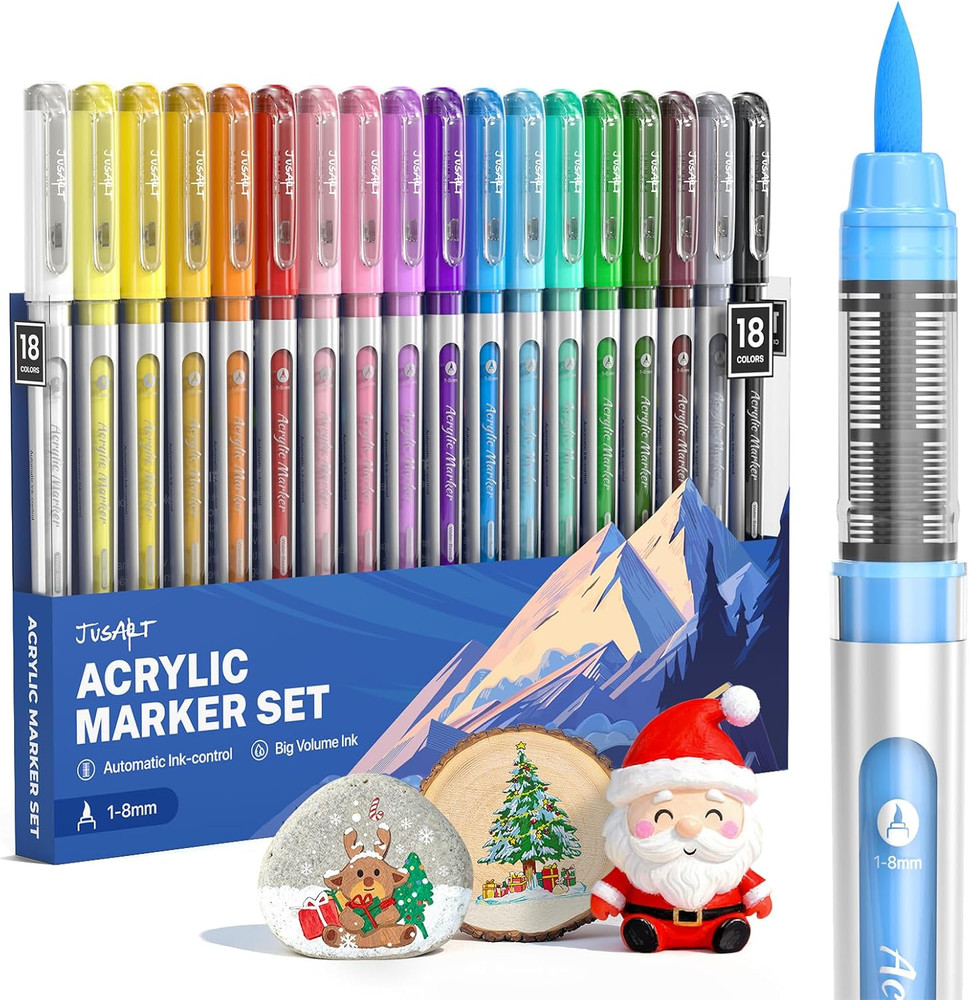 Jusart Acrylic Paint Markers Brush Tip 18 Colors, Water-Based No-Bleed Markers