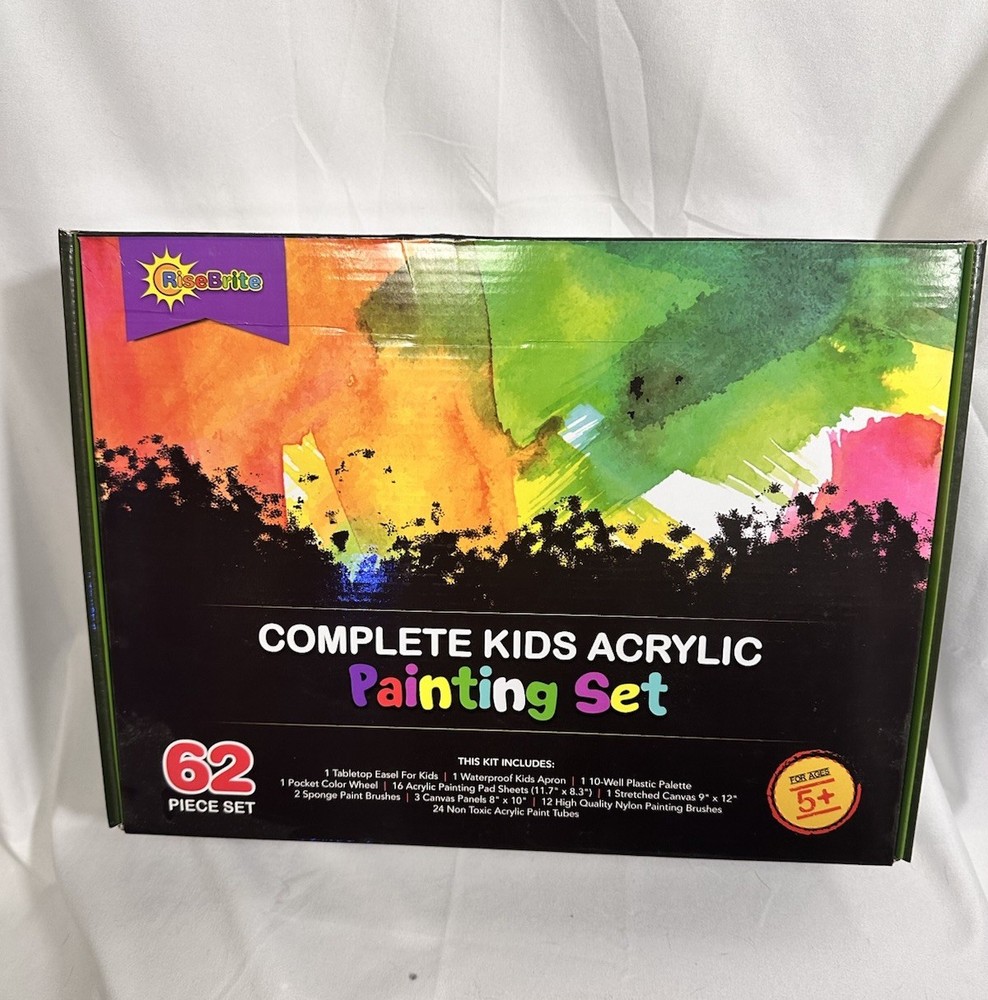 NEW Rise Brite Acrylic Paint 62 Piece Set w Brushes Palette Sponge Canvas Easel