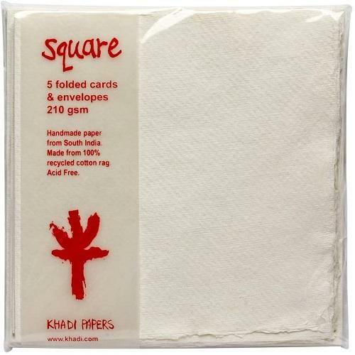KHADI HANDMADE PAPER – 5 FOLDED CARDS & ENVELOPES -15 x 15 cm
