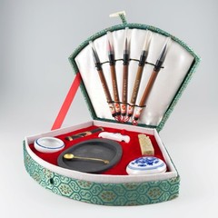 NEW Chinese 5 Brush Art & Calligraphy Set Rest Seal Pots Mixing Stone Paper Box