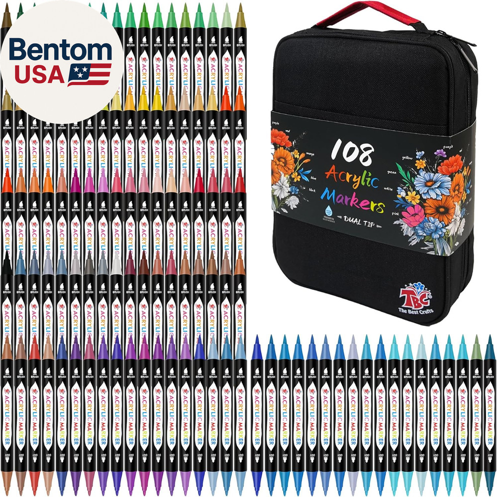 Acrylic Paint Markers for Adults, 108 Colors Dual Tip, Double Zipper Design Topg