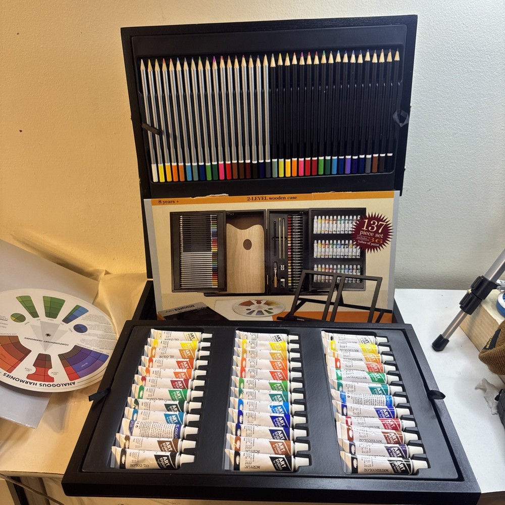 Battat Art Studio 2-Level Wooden Case 137 Piece Set, Includes 36 tubes of paint
