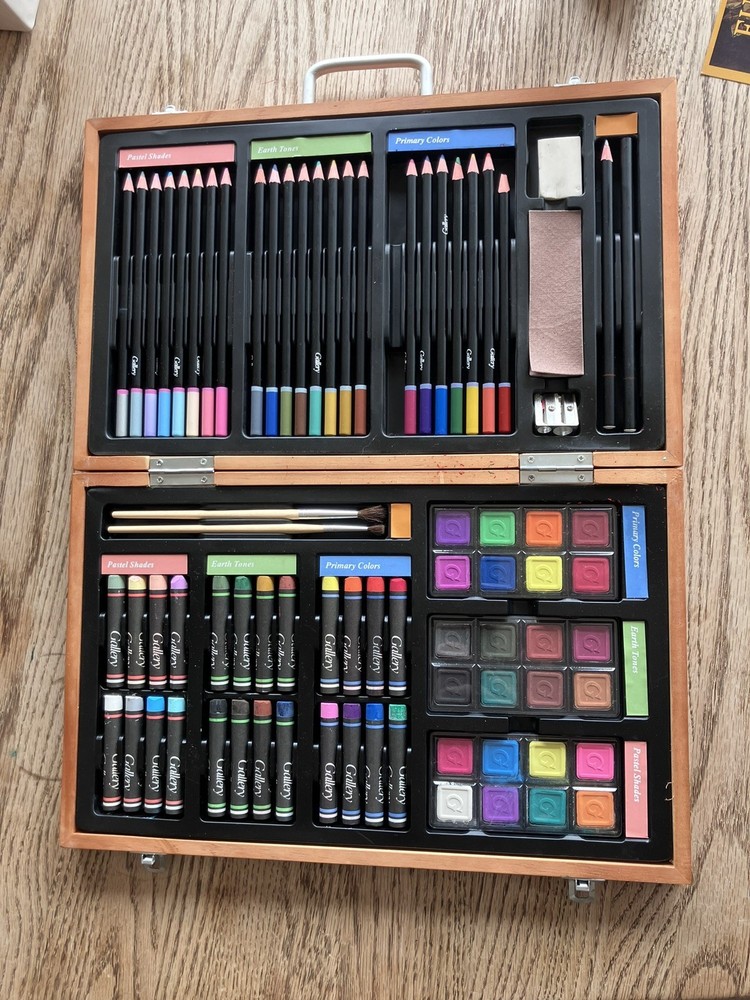 Used Gallery Studio Deluxe Art Set with Wooden Case Colored pencil pastels paint