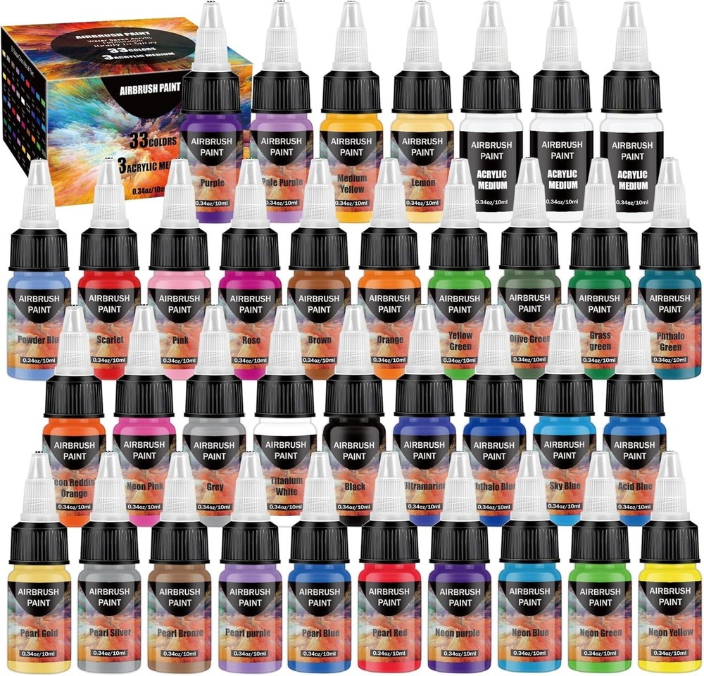 Airbrush Paint – 33/45 Colors Airbrush Paint Set with 3 Tinner, Plastic & Wood A