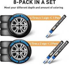 Tire Marker White Red Yellow Blue – 8 Pack Paint Pens for Car Tires Lettering, P