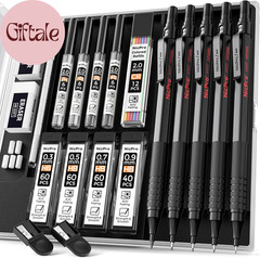 Black Art Mechanical Pencil Set, 5PCS Metal Drafting Pencils 0.3, 0.5, 0.7, 0.9