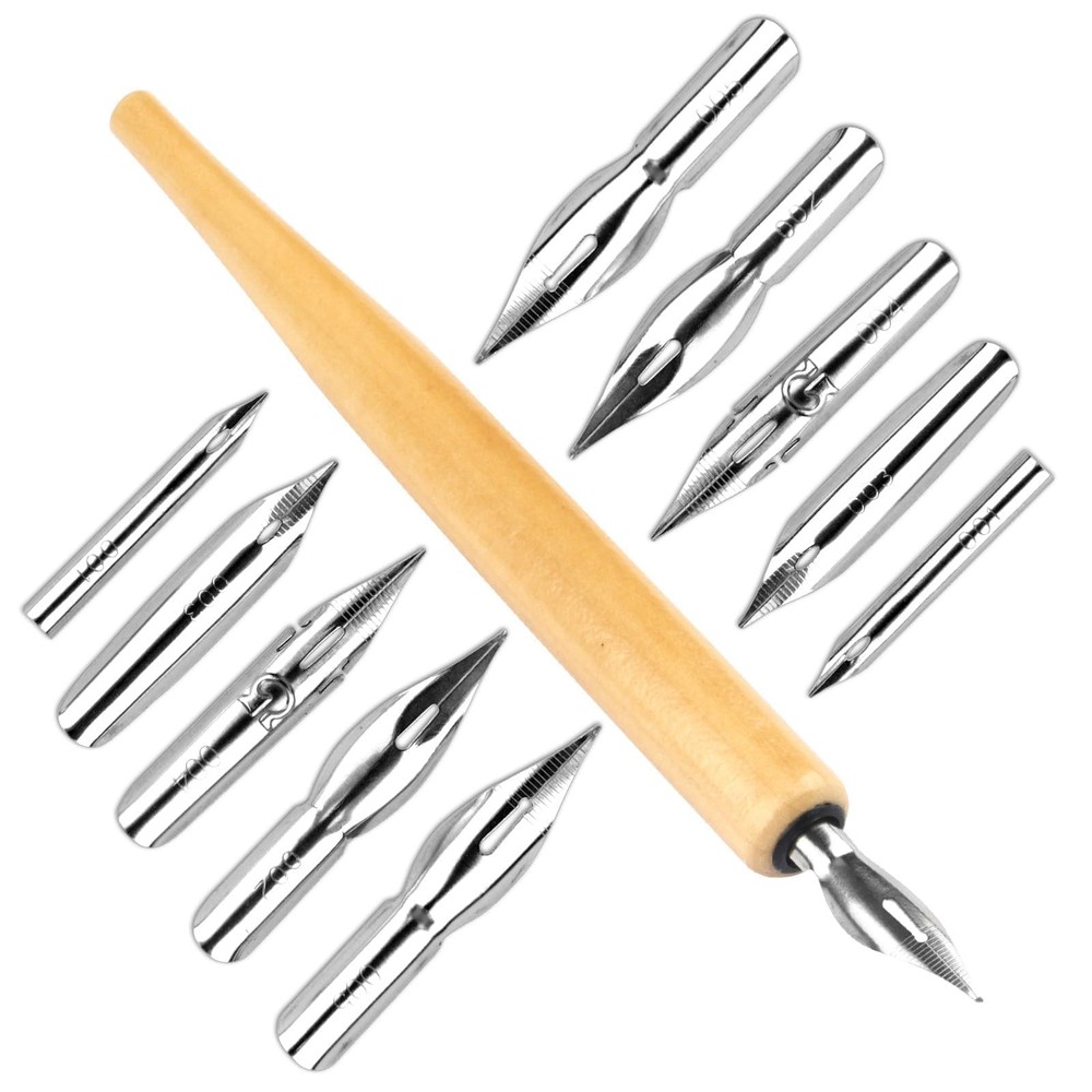 11Pc Dip Pen Nib Set with Wooden Holder, Stainless Steel G-Pen Comic Drawing Nib