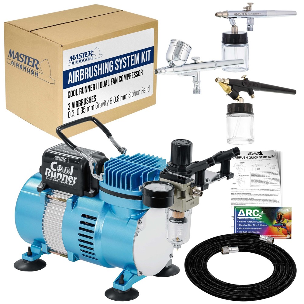 Airbrush Kit 3 Airbrushes 0.3mm 0.8mm Compressor Cool Runner II Master Dual Feed