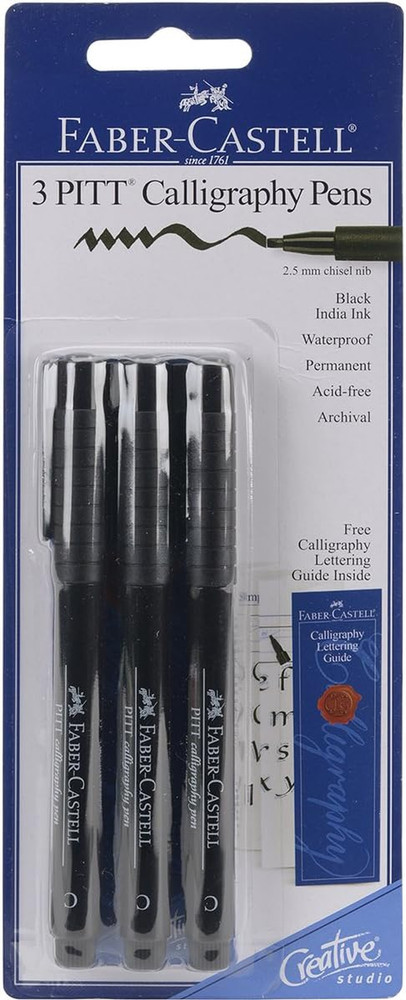 3 Pack Black Calligraphy Pens 2.5mm Chisel Tip India Ink Waterproof Archival