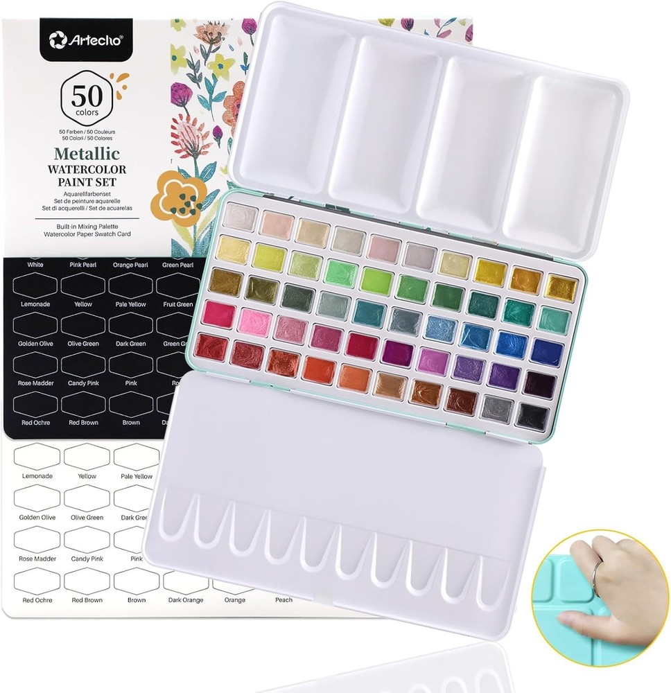 Watercolor Paints Metallic Glitter 50/128 Count Set Artecho Colors Adult Bottom