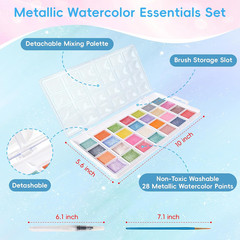 28 Metallic Colors Washable Watercolor Paint Set, with 3 Brushes Pen | watercolo