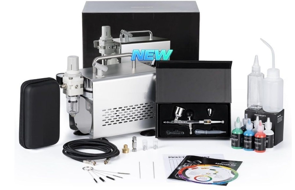 Kit Aerógrafo con Compresor Silencioso y 3 Boquillas para Pintura Modelismo