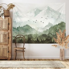 kampdream Mountain Forest Tapestry, Misty Foggy Sage Green Tree Landscape Wat…