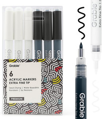Grabie Black & White Extra Fine Tip Acrylic Paint Marker Set, 6 Pack, 0.7Mm Acry
