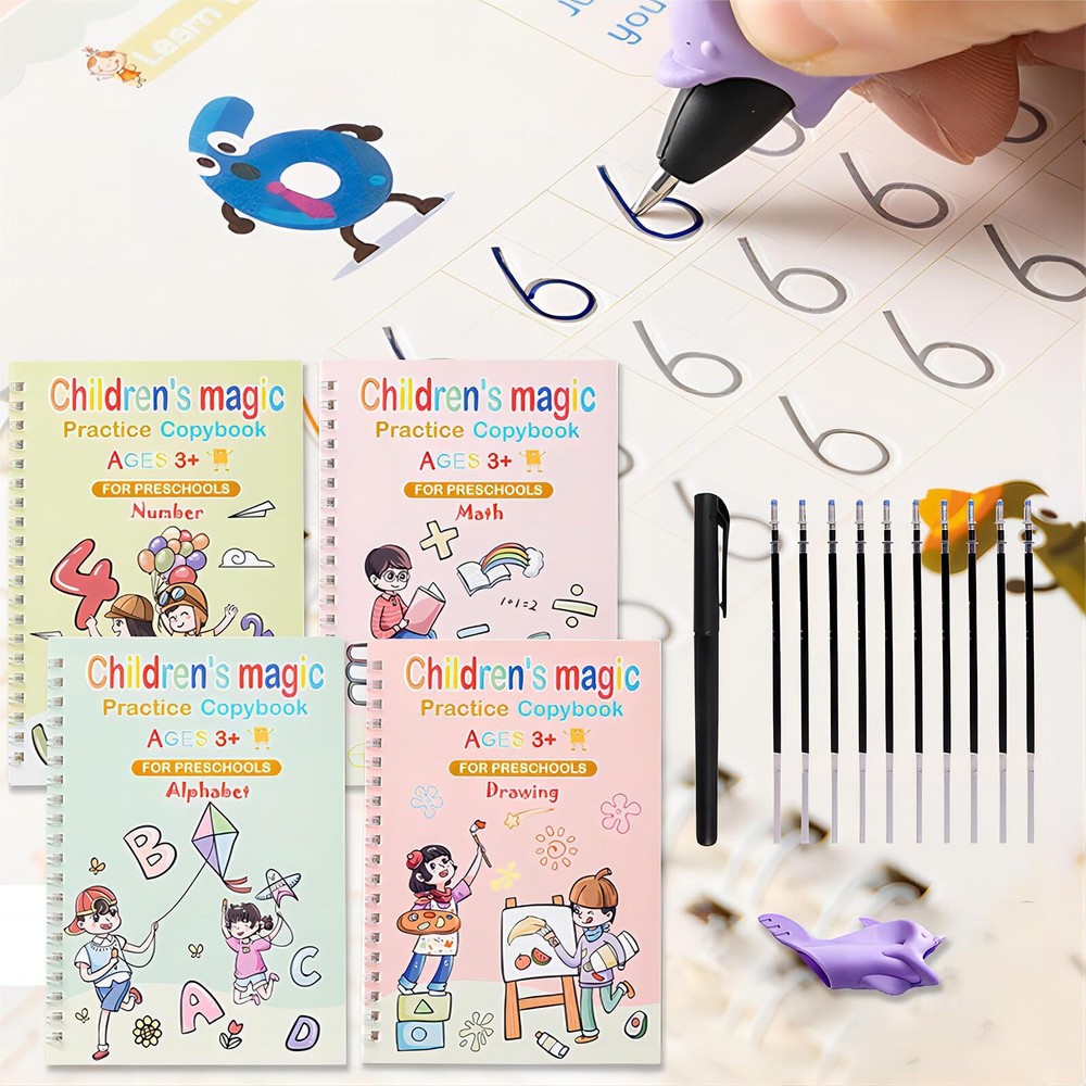 4 PC Reusable Grooved Writing Books for Kids, Magic Copy Books,Reusable Handl