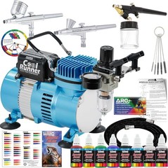 Airbrush Compressor Kit with 3 Airbrushes 6 Paints