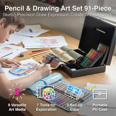 91-Piece Sketching & Drawing Art Set with Colored, Metallic, Charcoal, Pastel Pe