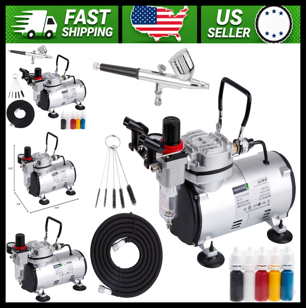 Timbertech Airbrush Kit with Compressor, Hose, Brushes, Test Paints