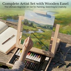 Mixed Media Easel Art Set – 34-Pc with 12 Acrylic Paints & 3 Canvases – Art Kit