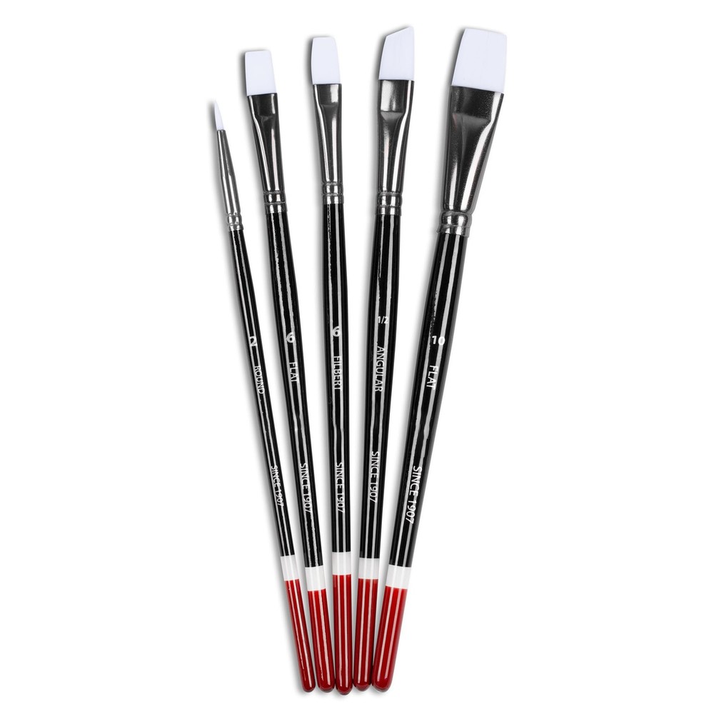 Acrylic Paint Brush Set, 5 Pcs Round Flat Angular, Artist Shoe Detail, Black