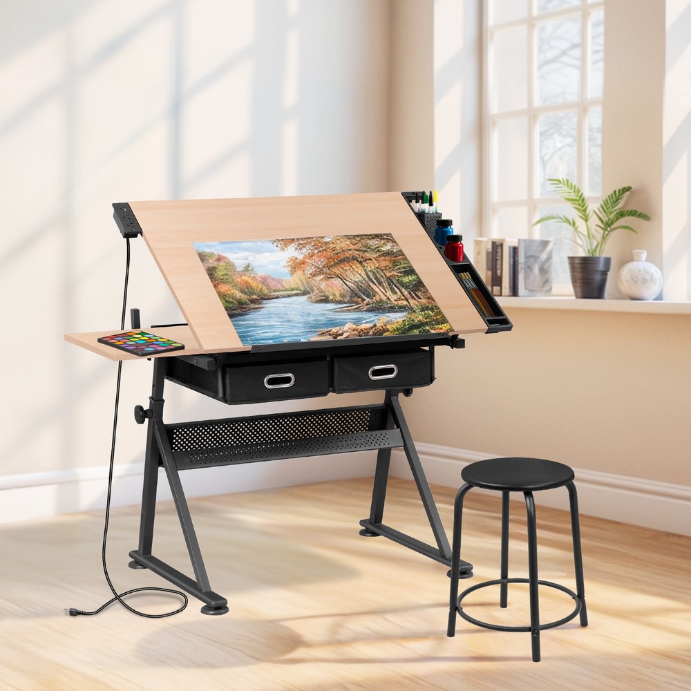 Adjustable Drafting Drawing Tiltable Table & Stool w/ 2 Drawers & Outlet Natural