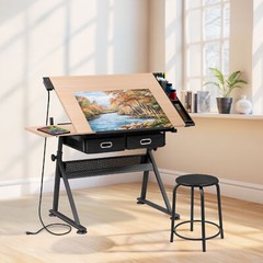 Drafting Table Wooden Drawing Desk Craft Station Artist w/Charging Station Stool