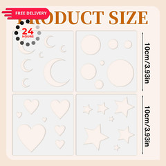 4Pcs Moon and Star Stencil, 10cm x (3.93 inches x 3.93 inches), White