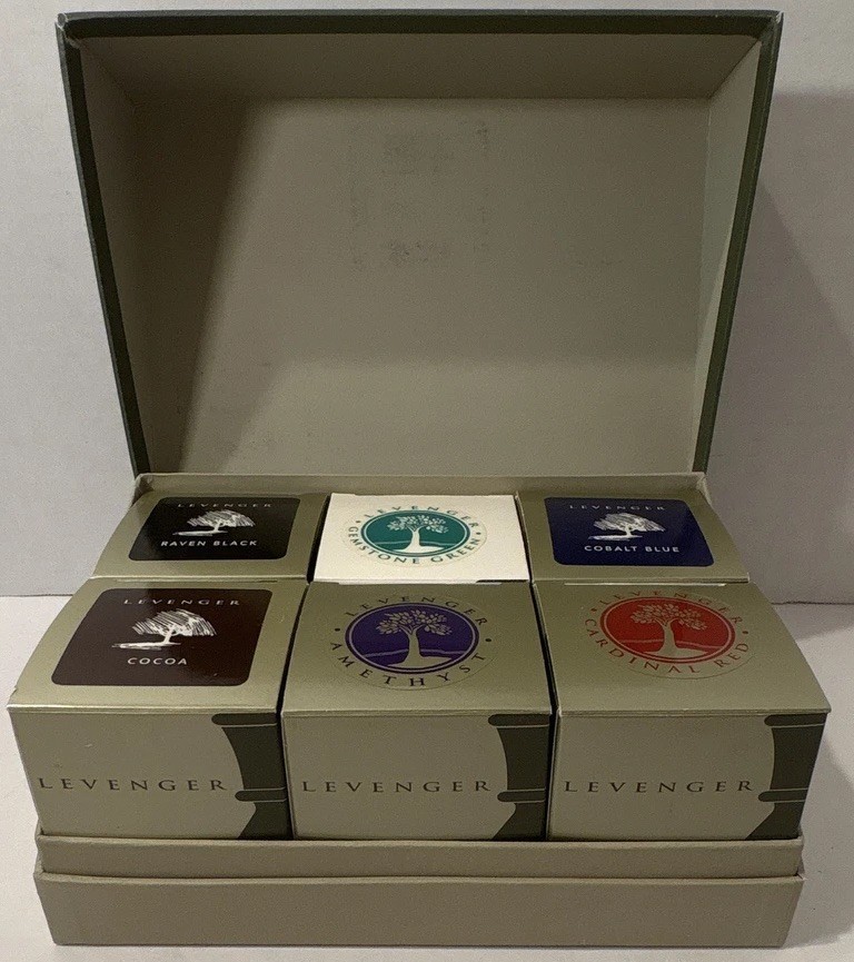 Levenger Bottled Fountain Pen Ink Set Raven Black Cocoa Amethyst Green Blue Red