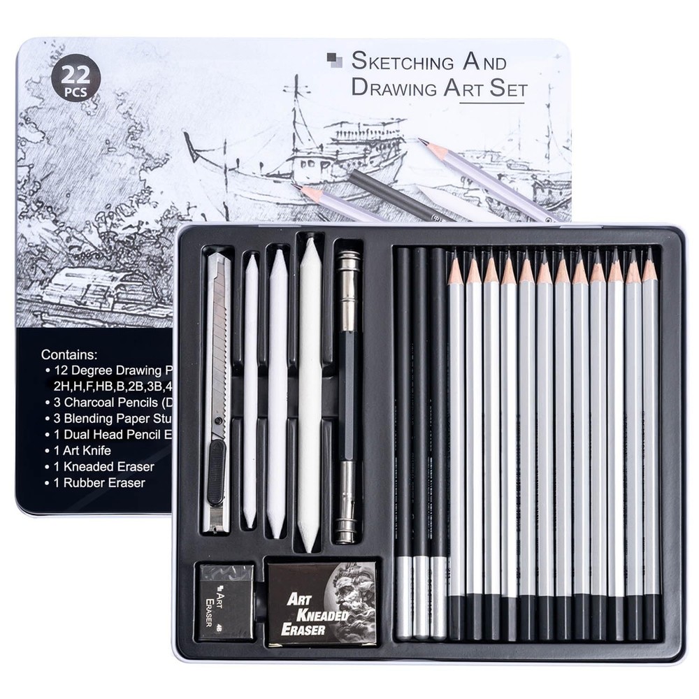 22 PCS Drawing Sketching Pencil Set Graphite Charcoal Art Supplies Metal Box