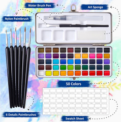 Professional Watercolor Paint Set – 50 Brilliant Colors, 6 Detail Brushes, Water