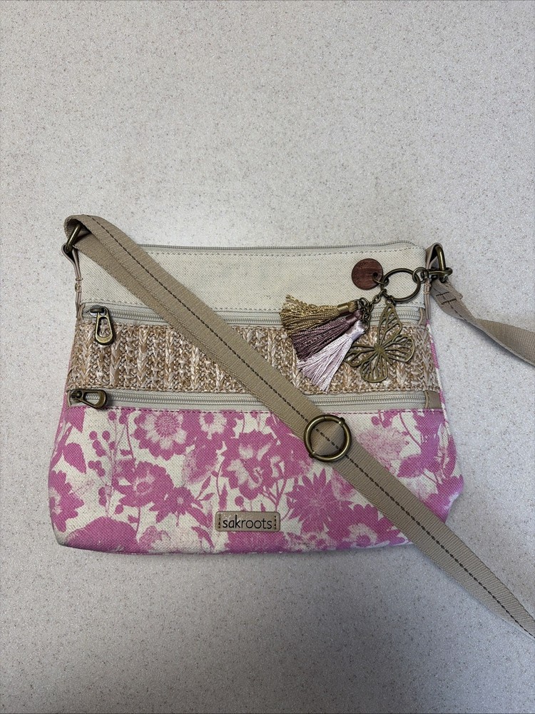 Sakroots Artist Circle Linen Uncoated Canvas Zipper Top Crossbody Rose in Bloom