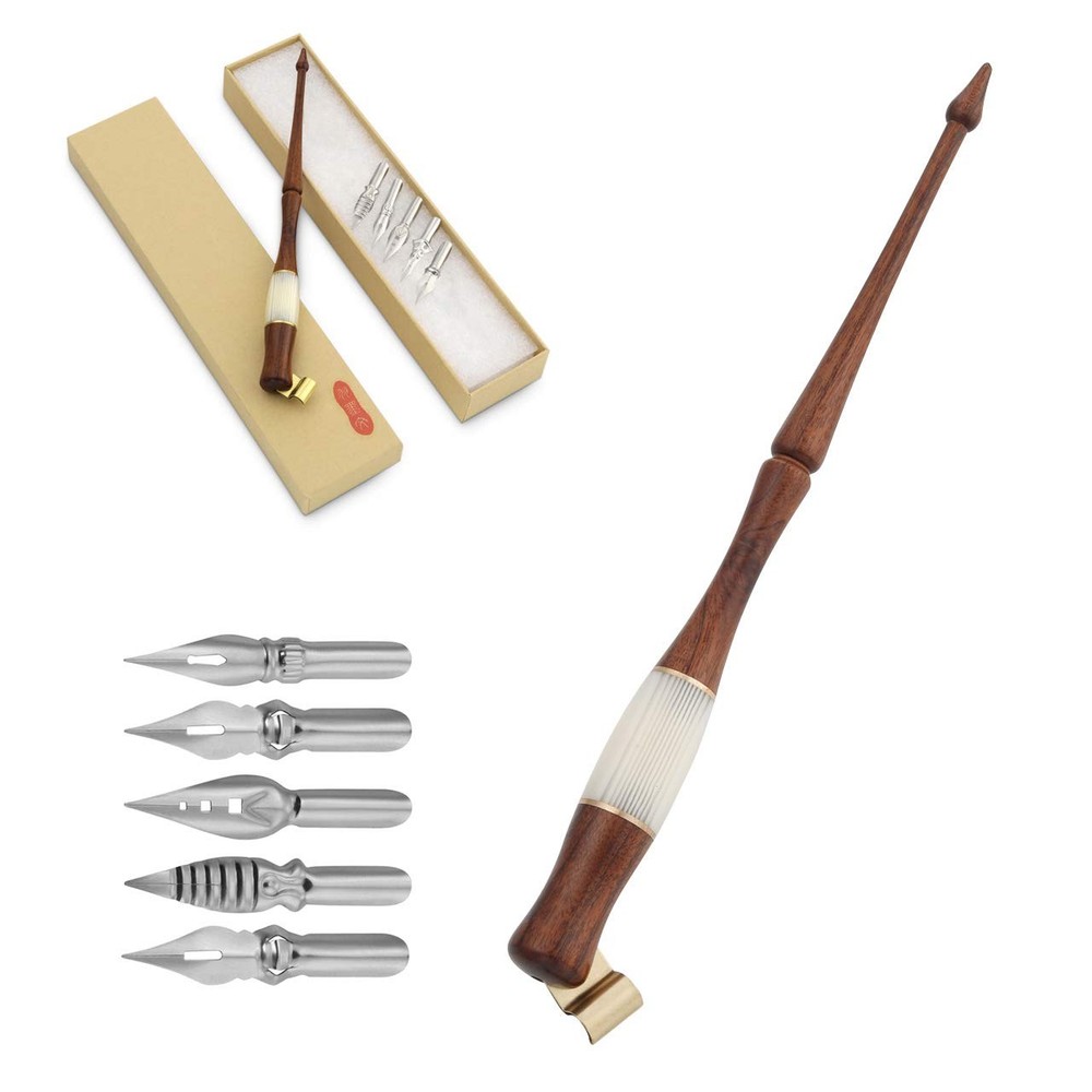 Wood Calligraphy Oblique Dip Pen Holder Set 5 Flat Nibs Removable Handle Stand