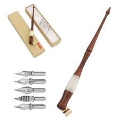 Wood Calligraphy Oblique Dip Pen Holder Set 5 Flat Nibs Removable Handle Stand