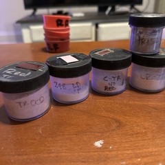 Various leaded (and possibly unleaded) powdered enamels for metal. Red and pinks