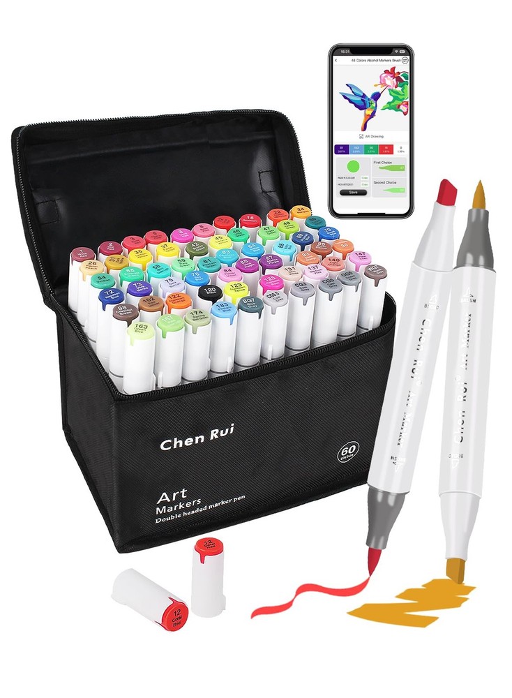 60 Colors Alcohol Markers Brush and Chisel Tip with APP Chen Rui Markers