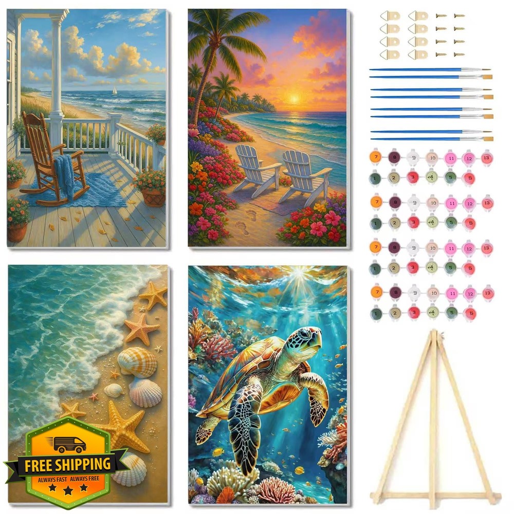 RRMRRM 4pk Paint Numbers Kit Adults Beach Sea Turtle Framed 8×12