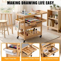 Art Cart, Beech Wood Art Supply Cart Organizer on Wheels for Home Studio