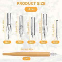11Pc Dip Pen Nib Set with Wooden Holder, Stainless Steel G-Pen Comic Drawing Nib