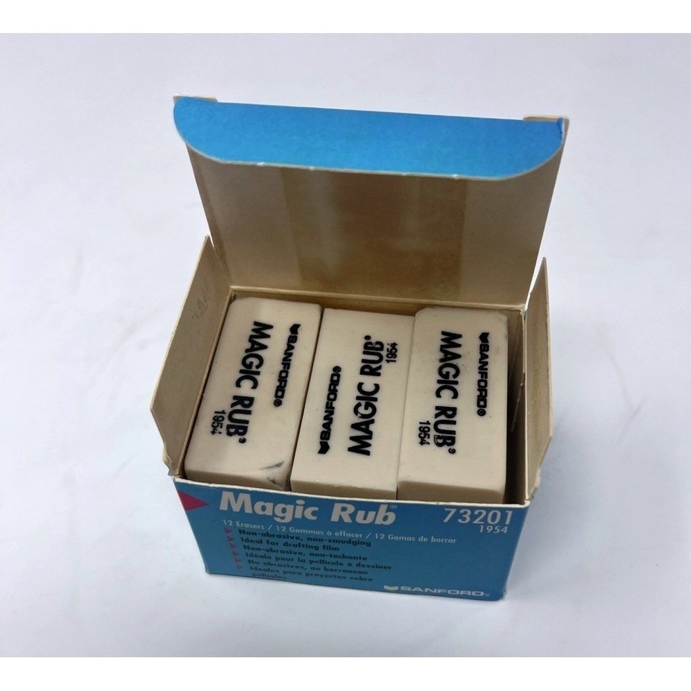 SANFORD MAGIC RUB 1954 BOX OF 12 ERASERS NON-SMUDGE NON-ABRASIVE WHITE Sticky