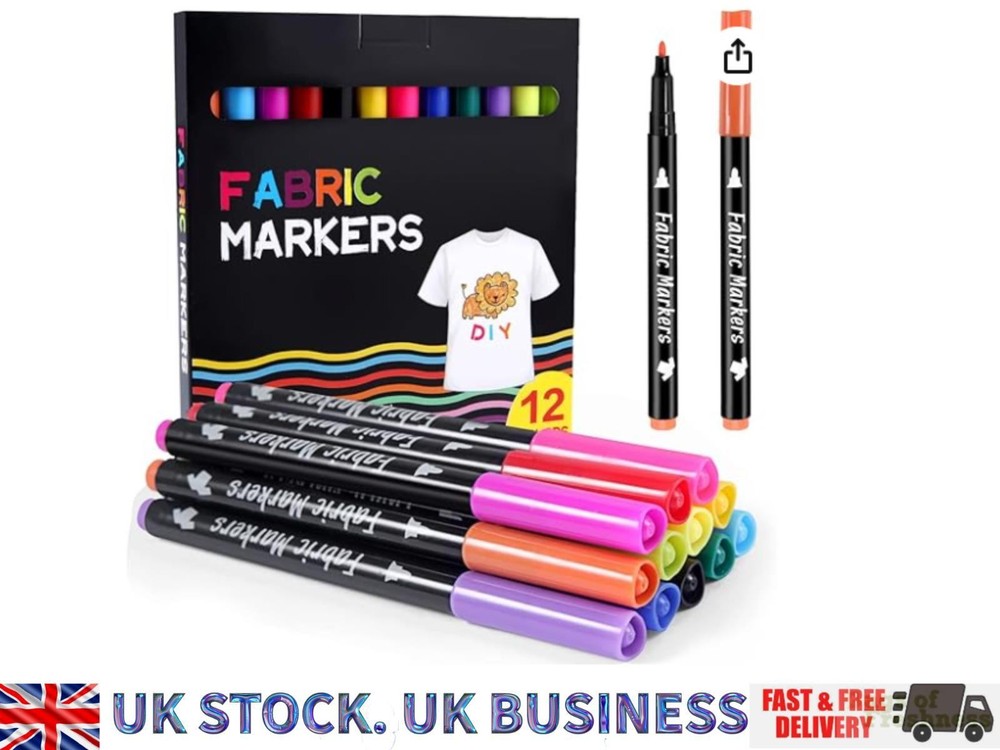 12 x Fabric Marker Pens Set. Permanent Clothing Textiles Dye T-Shirt Shoes Bag