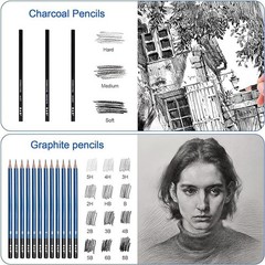 H B 50 Pack Drawing Set Sketching Kit, Pro Art Supplies with 3-Color