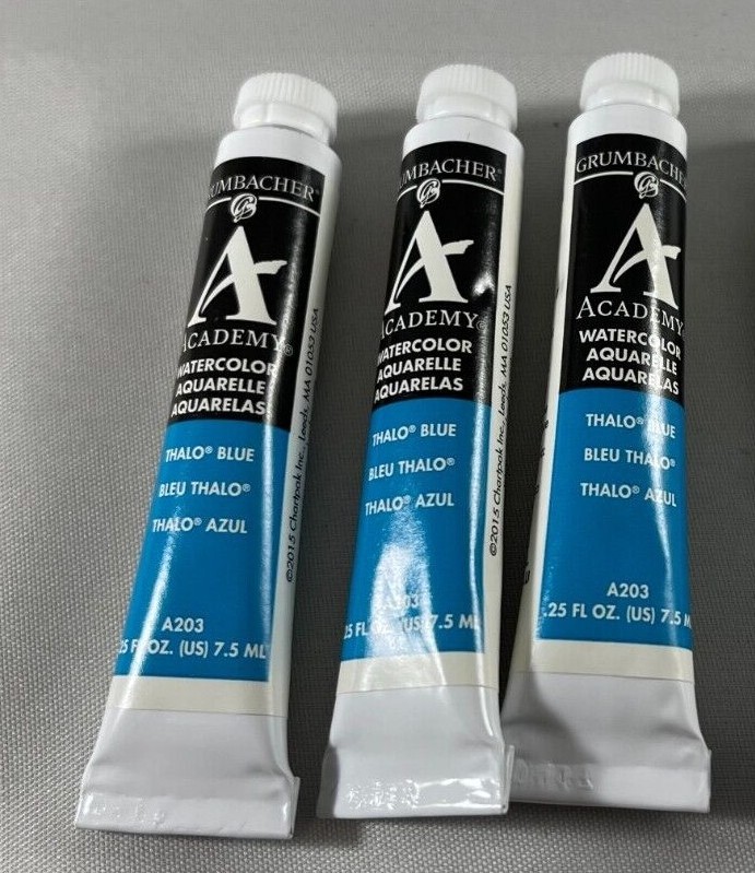 Grumbacher Academy Thalo Blue Watercolor Paint Lot of 3 Metal Tubes 0.25 Ounce