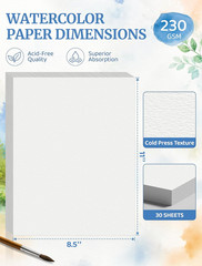 Watercolor Paper Cold Press 8.5 x 11 Bulk 30 Sheets 110 LB 230 GSM for Acrylic