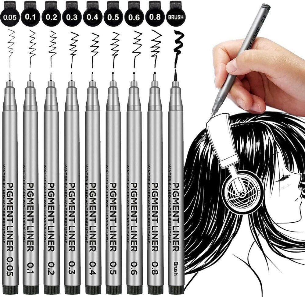 Precision Micro-Line Pens, Set of 9 Black Micron Fineliner Ink Pens, Waterproof