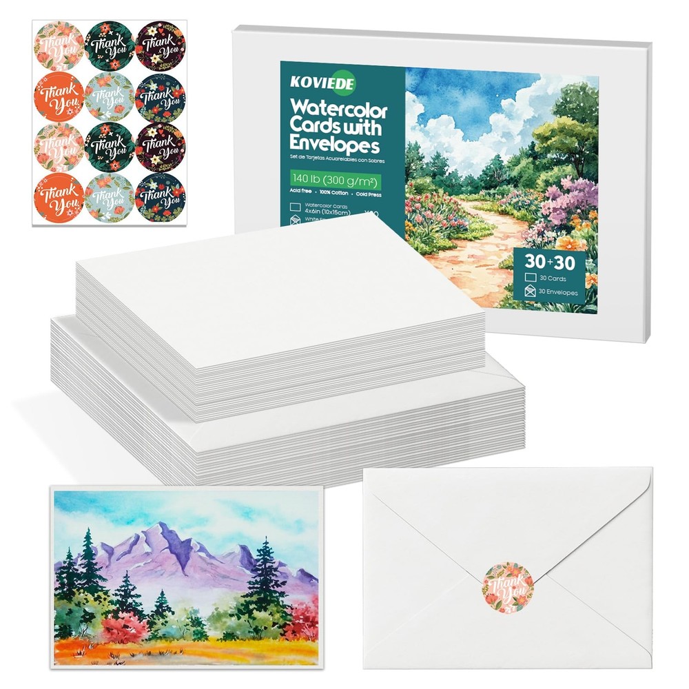KOVIEDE 30 Pack Blank Watercolor Cards with Envelopes 4 4×6″ Cards*30, white