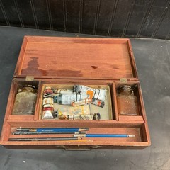 Vintage Art Set In Wood Box Hinged Lid 13.5”X 6.5”x2.5” Cedar Wood Box